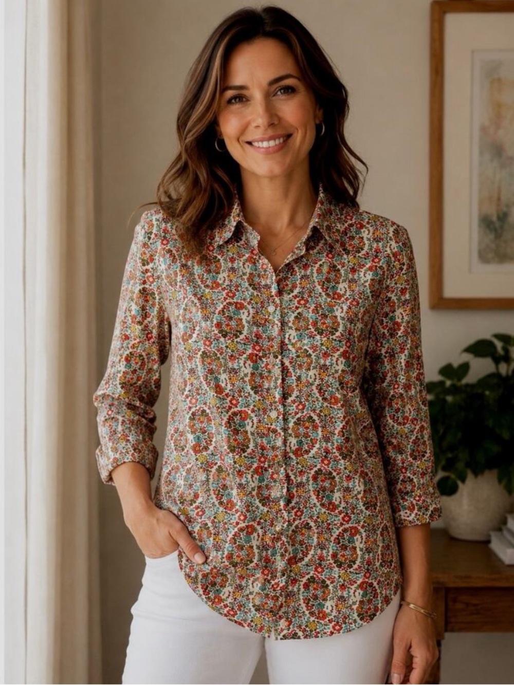 Lands' End Women’s Paisley Floral Long Sleeve Button-Down Shirt